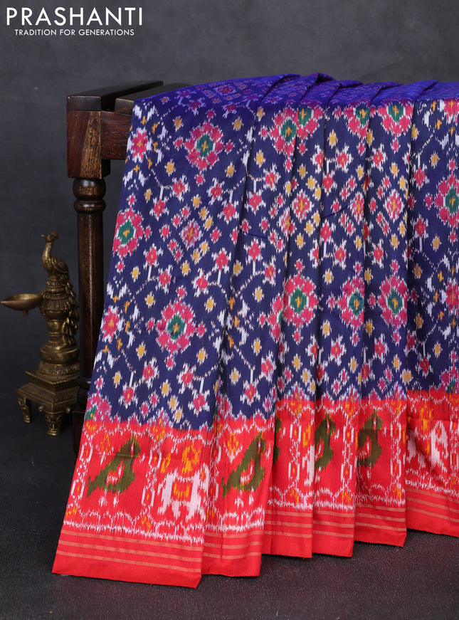 Pochampally silk saree blue and red with allover ikat weaves and ikat woven border