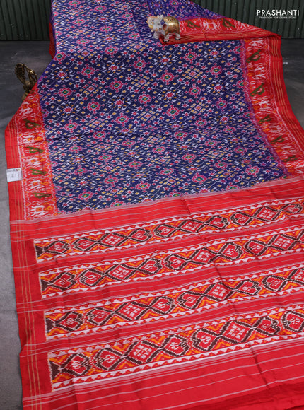 Pochampally silk saree blue and red with allover ikat weaves and ikat woven border