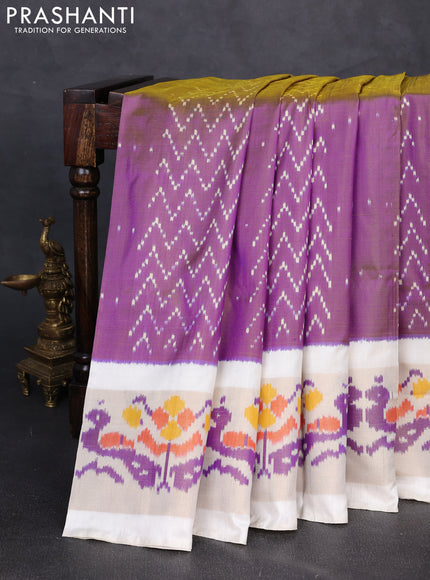 Pochampally silk saree dual shade of purple and cream with allover ikat weaves and long zari woven ikat border