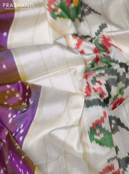 Pochampally silk saree dual shade of purple and cream with allover ikat weaves and long zari woven ikat border