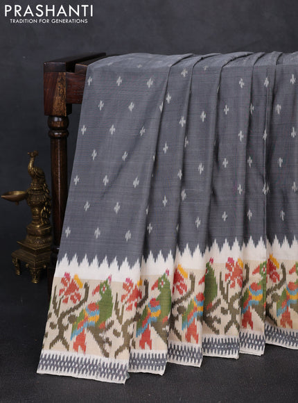 Pochampally silk saree grey and cream with allover ikat woven buttas and temple design ikat zari woven border