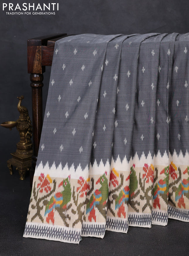 Pochampally silk saree grey and cream with allover ikat woven buttas and temple design ikat zari woven border