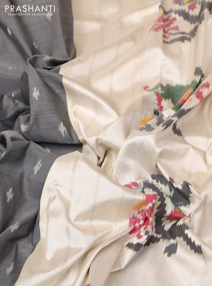Pochampally silk saree grey and cream with allover ikat woven buttas and temple design ikat zari woven border