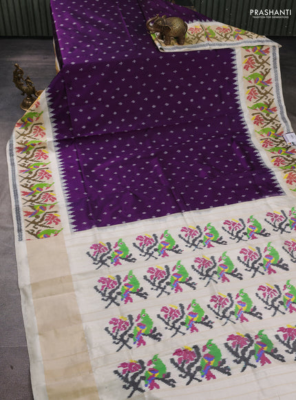 Pochampally silk saree purple and cream with allover ikat woven buttas and temple design ikat zari woven border