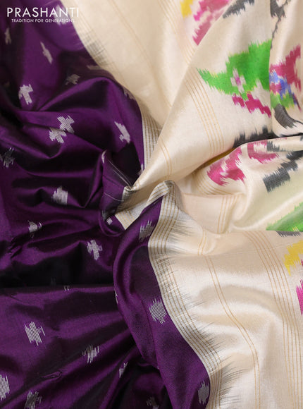 Pochampally silk saree purple and cream with allover ikat woven buttas and temple design ikat zari woven border