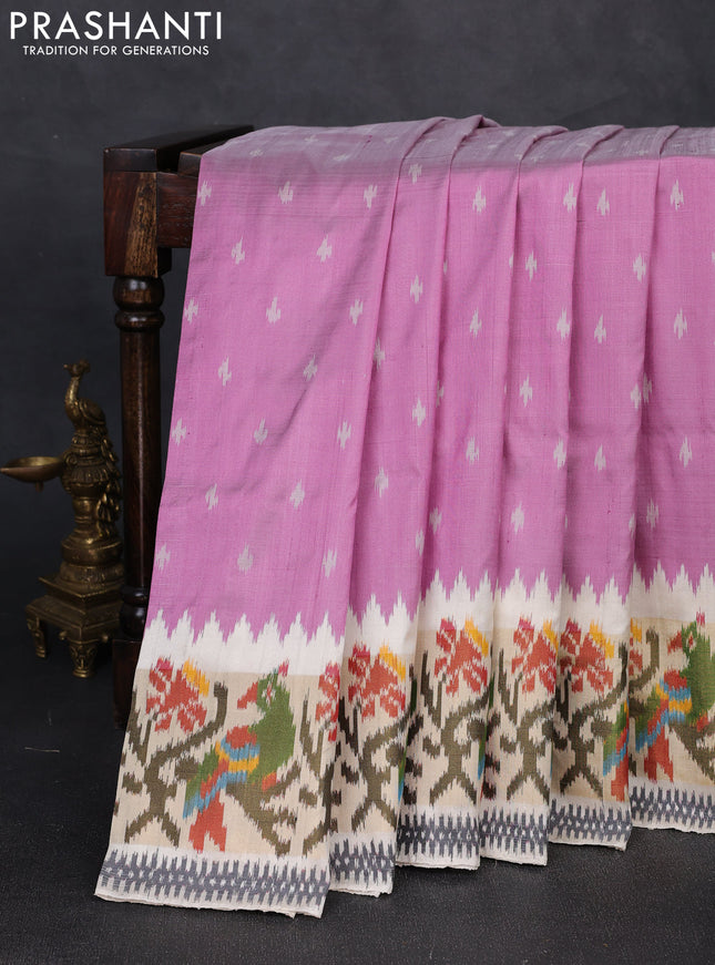 Pochampally silk saree mauve pink and cream with allover ikat woven buttas and temple design ikat zari woven border