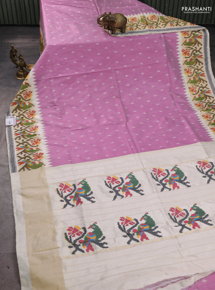 Pochampally silk saree mauve pink and cream with allover ikat woven buttas and temple design ikat zari woven border
