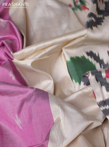 Pochampally silk saree mauve pink and cream with allover ikat woven buttas and temple design ikat zari woven border