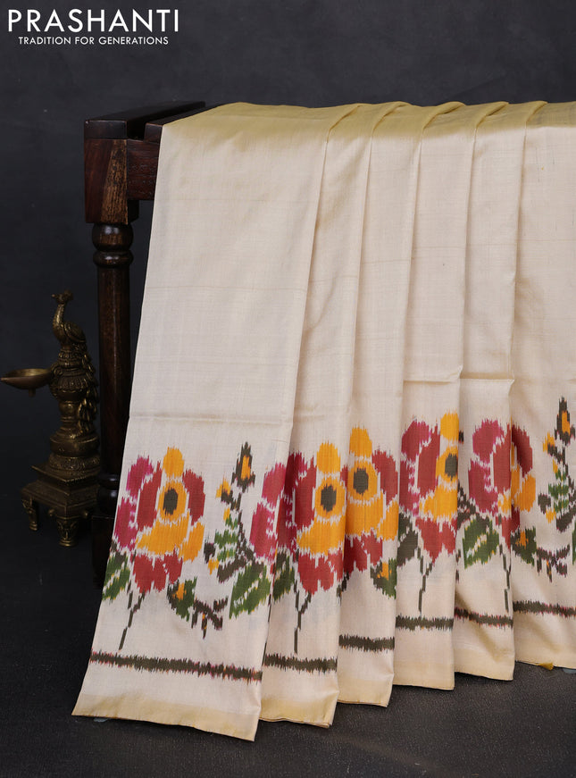 Pochampally silk saree cream with plain body and ikat woven border