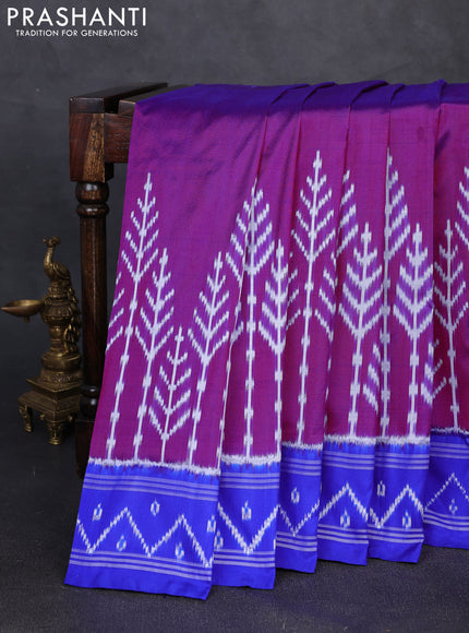 Pochampally silk saree pink and royal blue with plain body and long ikat woven border