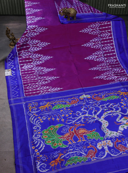 Pochampally silk saree pink and royal blue with plain body and long ikat woven border
