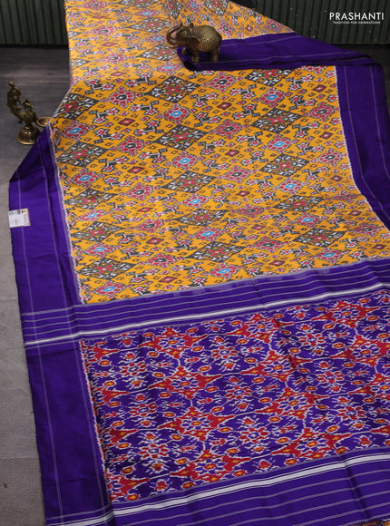 Pochampally silk saree mango yellow and blue with allover ikat weaves and rettapet border