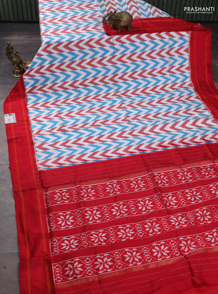 Pochampally silk saree off white and red with allover ikat weaves and rettapet border