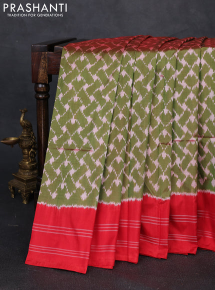 Pochampally silk saree dual shade of mehendi green and red with allover ikat weaves and rettapet border