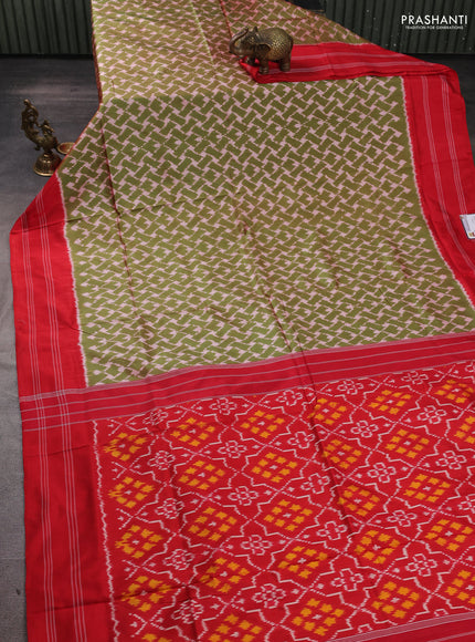 Pochampally silk saree dual shade of mehendi green and red with allover ikat weaves and rettapet border