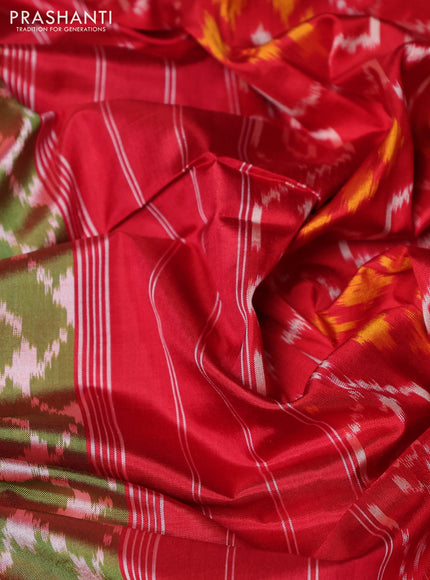 Pochampally silk saree dual shade of mehendi green and red with allover ikat weaves and rettapet border