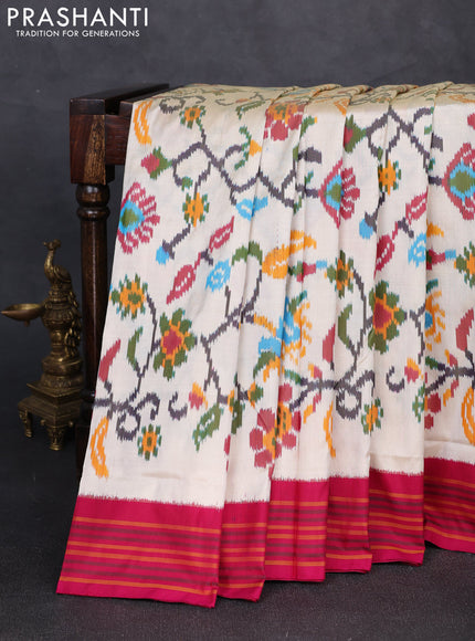 Pochampally silk saree cream and magenta pink with allover ikat weaves and simple border