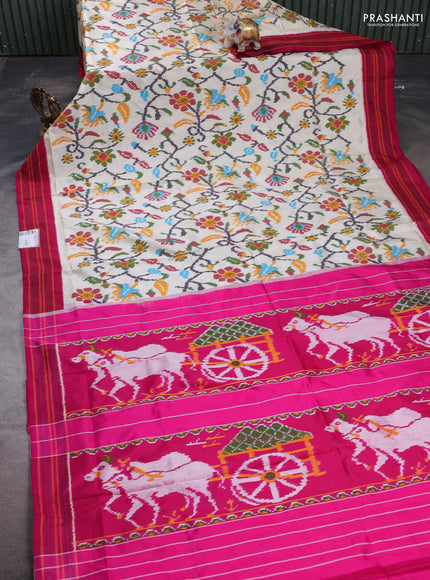 Pochampally silk saree cream and magenta pink with allover ikat weaves and simple border