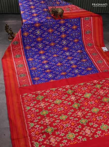 Pochampally silk saree blue and red with allover ikat weaves and simple border