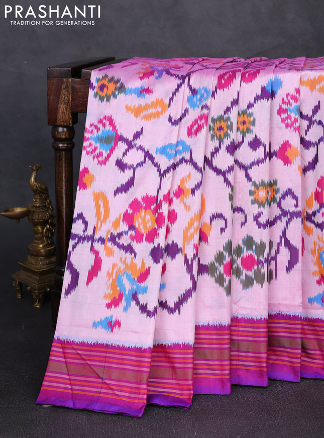 Pochampally silk saree light pink and magenta pink with allover ikat weaves and simple border
