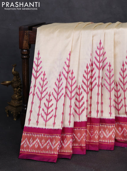 Pochampally silk saree cream and magenta pink with plain body and long ikat zari woven border