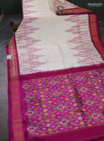 Pochampally silk saree cream and magenta pink with plain body and long ikat zari woven border