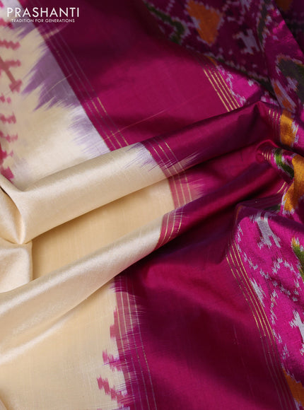 Pochampally silk saree cream and magenta pink with plain body and long ikat zari woven border