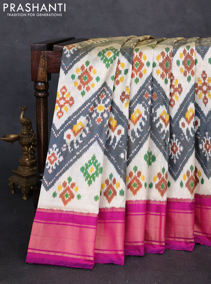Pochampally silk saree dark grey cream and magenta pink with allover ikat weaves and zari woven border