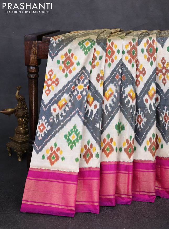 Pochampally silk saree dark grey cream and magenta pink with allover ikat weaves and zari woven border