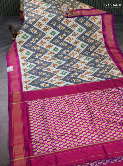 Pochampally silk saree dark grey cream and magenta pink with allover ikat weaves and zari woven border