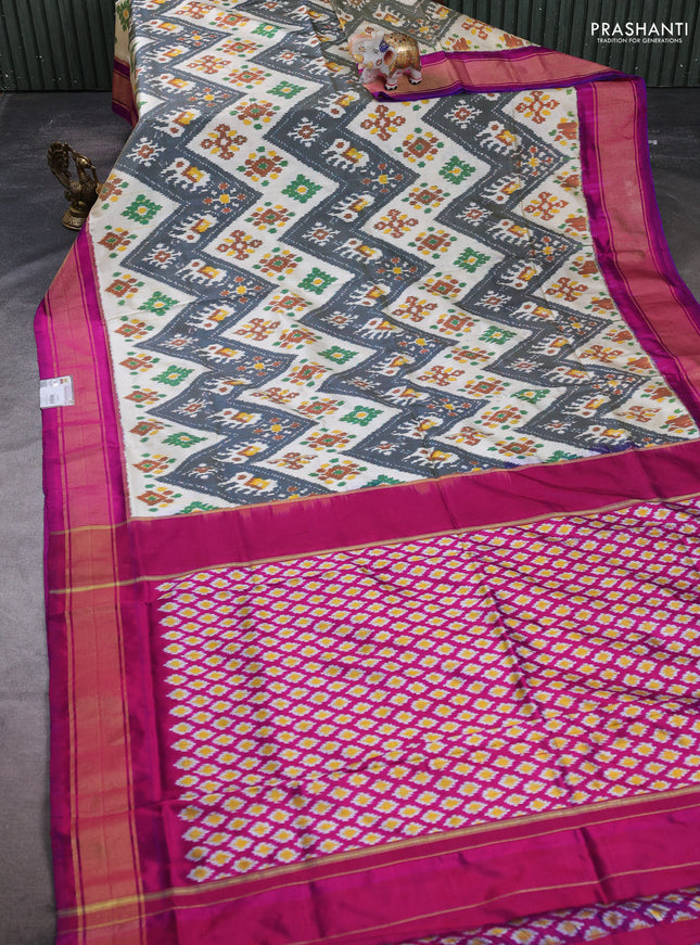 Pochampally silk saree dark grey cream and magenta pink with allover ikat weaves and zari woven border