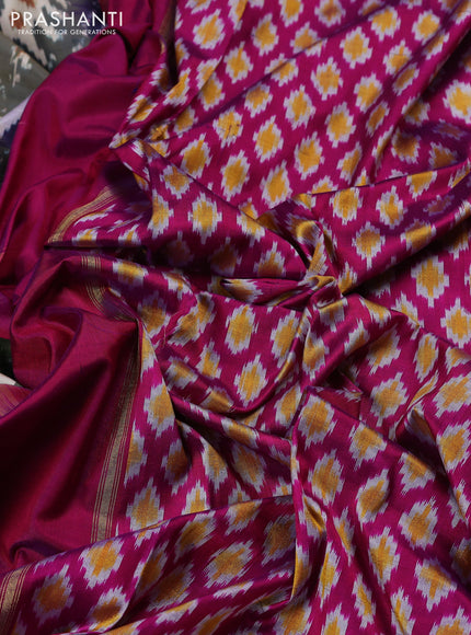 Pochampally silk saree dark grey cream and magenta pink with allover ikat weaves and zari woven border