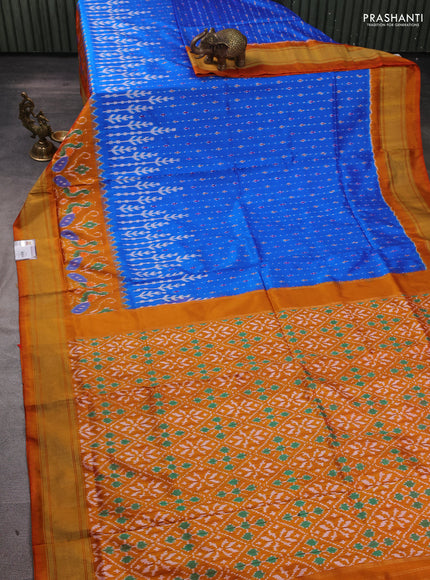 Pochampally silk saree cs blue and orange with allover ikat woven buttas and long ikat zari woven border