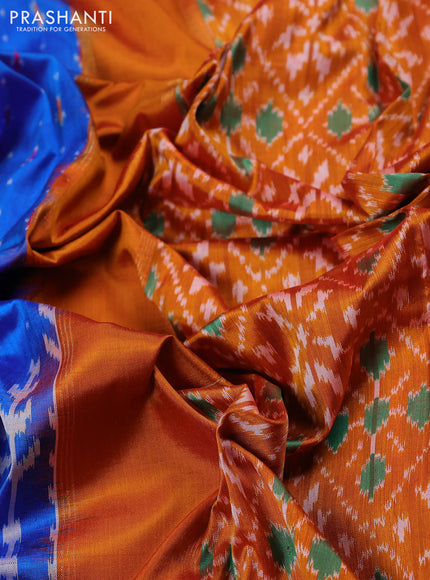 Pochampally silk saree cs blue and orange with allover ikat woven buttas and long ikat zari woven border
