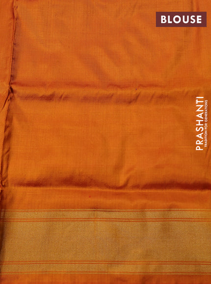 Pochampally silk saree cs blue and orange with allover ikat woven buttas and long ikat zari woven border