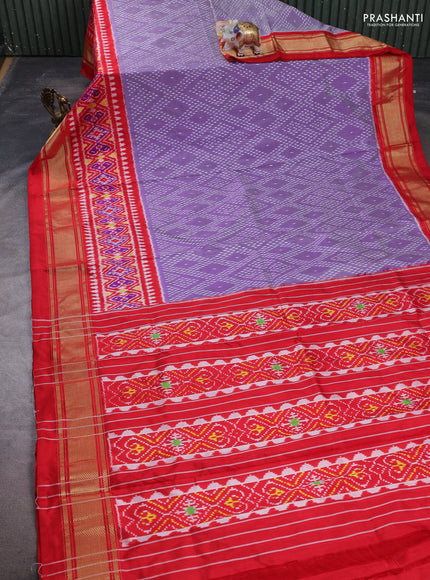 Pochampally silk saree lavender and red with allover ikat weaves and long ikat woven zari border