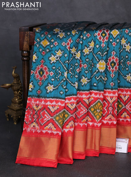 Pochampally silk saree peacock green and red with allover ikat weaves and ikat zari woven border