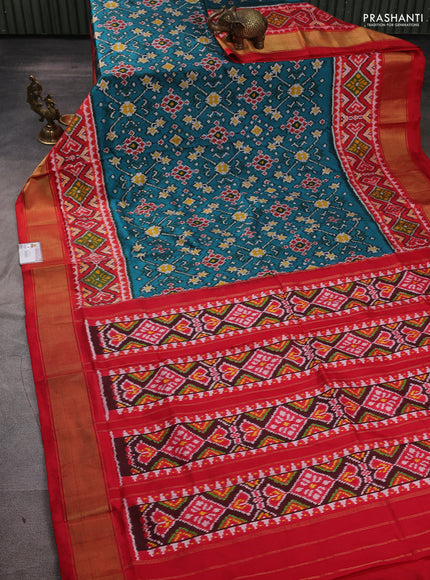 Pochampally silk saree peacock green and red with allover ikat weaves and ikat zari woven border