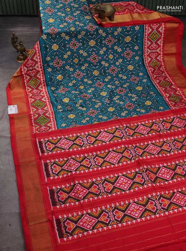 Pochampally silk saree peacock green and red with allover ikat weaves and ikat zari woven border