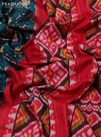 Pochampally silk saree peacock green and red with allover ikat weaves and ikat zari woven border
