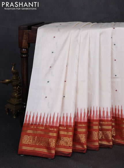 Pochampally silk saree off white and brown with thread woevn buttas and temple design zari woven border