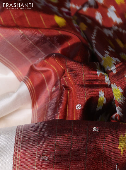 Pochampally silk saree off white and brown with thread woevn buttas and temple design zari woven border