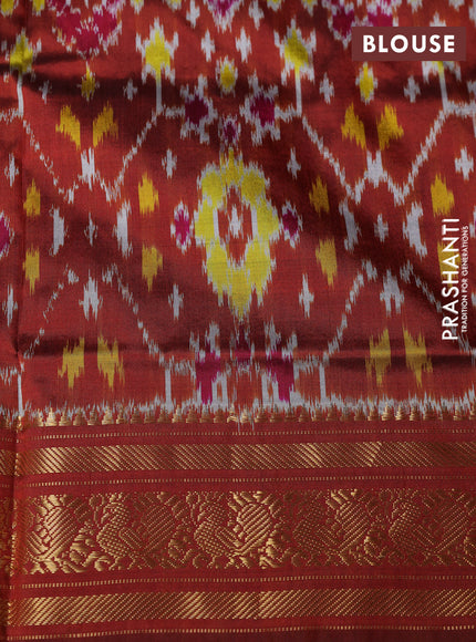 Pochampally silk saree off white and brown with thread woevn buttas and temple design zari woven border
