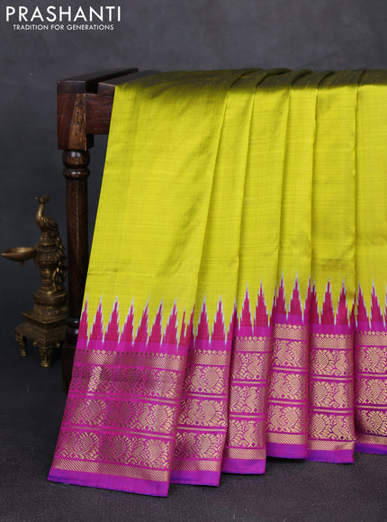 Pochampally silk saree lime green and purple with plain body and temple design zari woven border