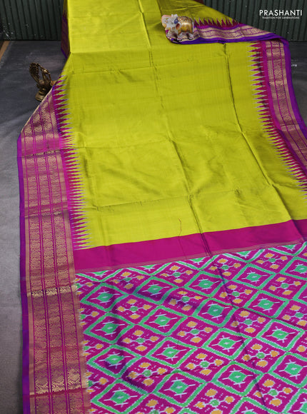 Pochampally silk saree lime green and purple with plain body and temple design zari woven border