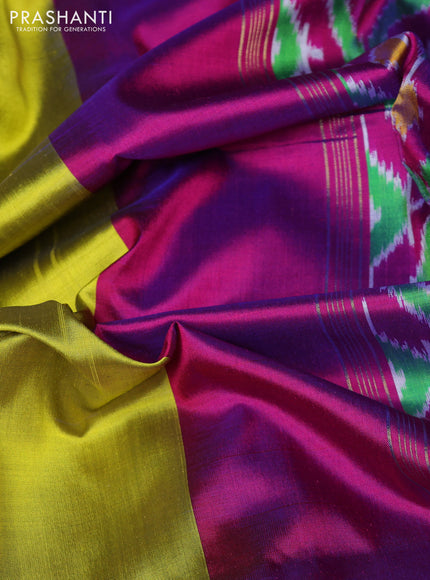 Pochampally silk saree lime green and purple with plain body and temple design zari woven border