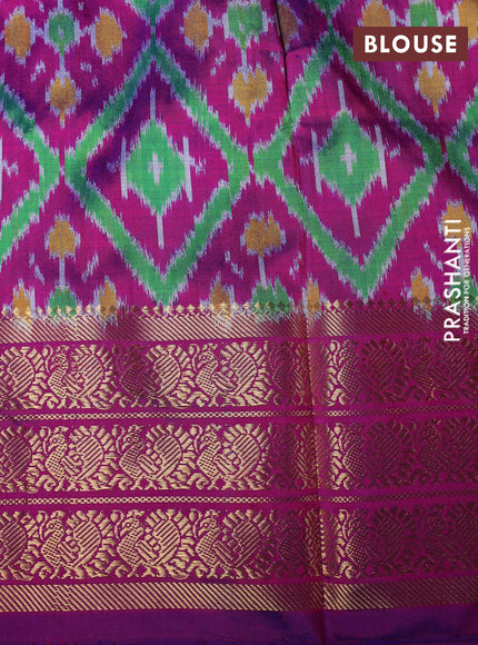 Pochampally silk saree lime green and purple with plain body and temple design zari woven border
