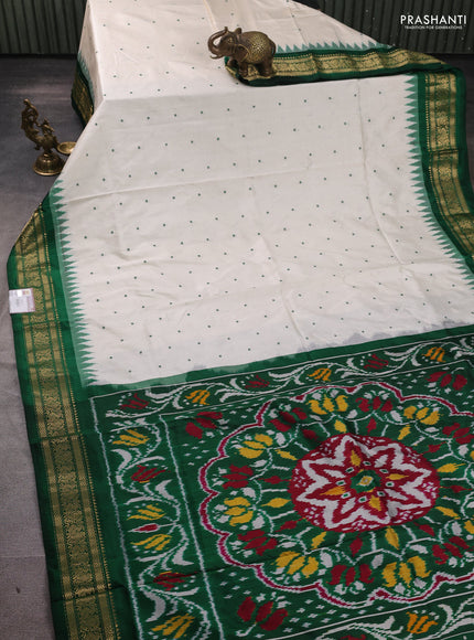 Pochampally silk saree off white and bottle green with allover thread woven buttas and temple design zari woven border