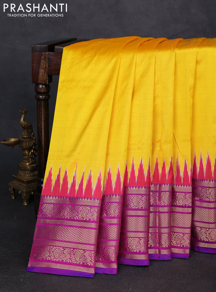 Pochampally silk saree yellow and magenta pink with plain body and temple design zari woven border