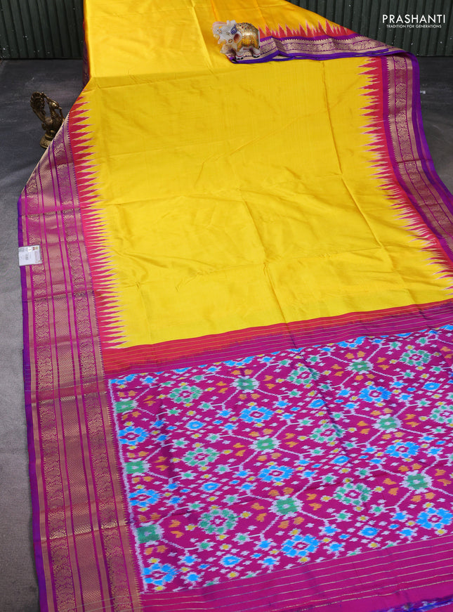 Pochampally silk saree yellow and magenta pink with plain body and temple design zari woven border